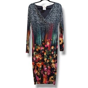 Fuzzi Midi Sheath Dress Womens Size L Long Sleeve  V Neck Lined Colorful